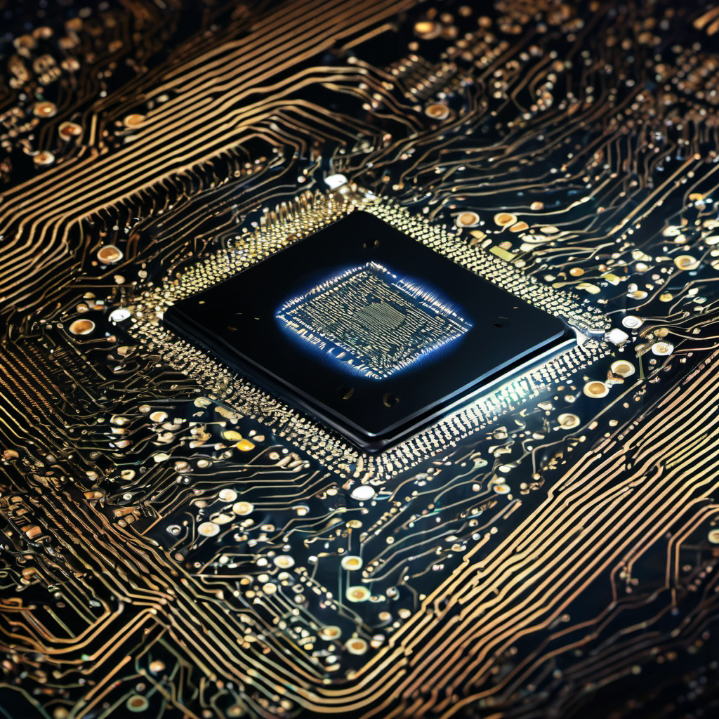 A high-tech AI chip with dynamic data flow, representing local processing without internet.