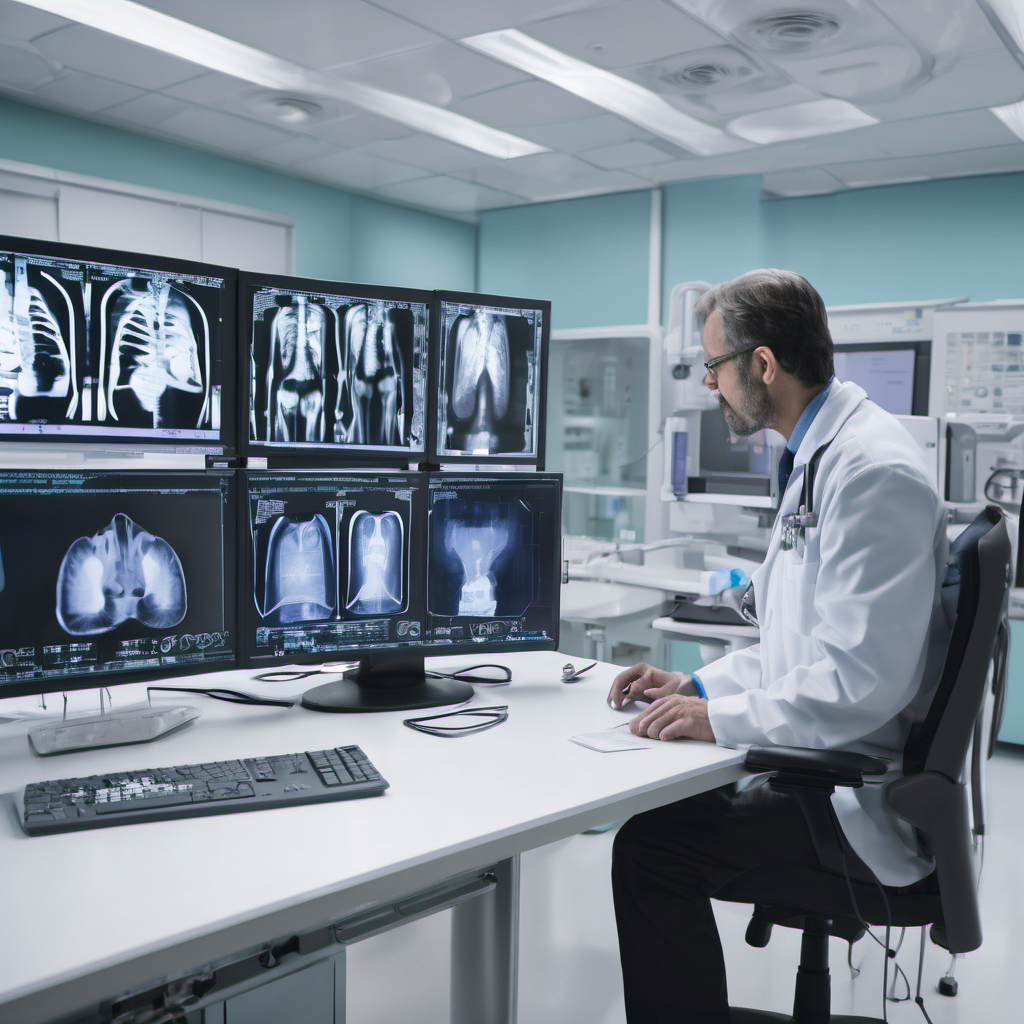 Doctor reviewing AI-processed X-ray in a hospital lab with local chip integration.