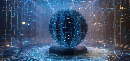Central AI blockchain node with encrypted data streams in a secure offline environment.