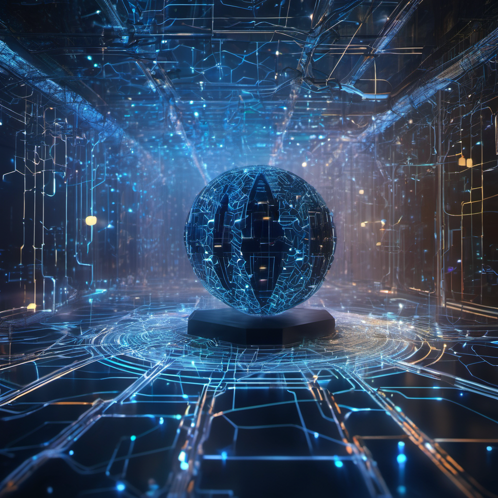 Central AI blockchain node with encrypted data streams in a secure offline environment.