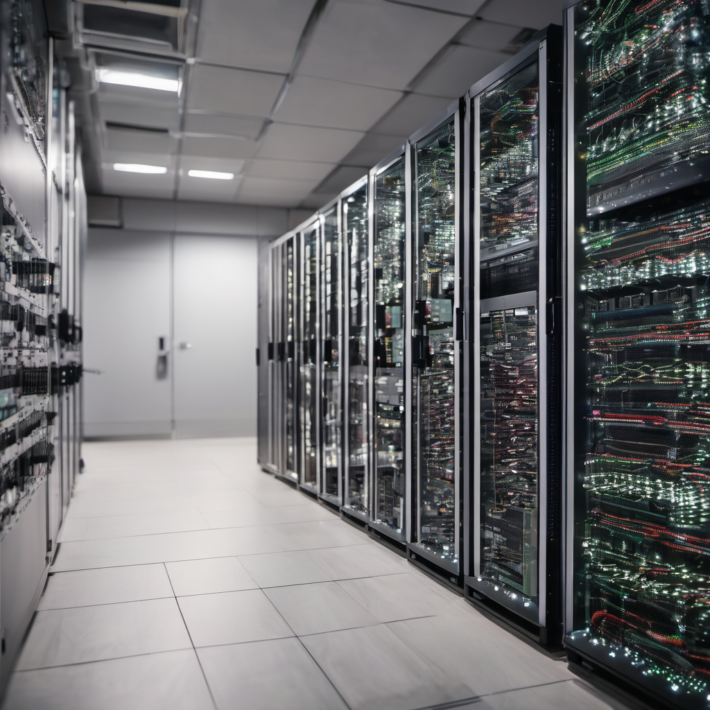 AI-driven blockchain processors analyzing encrypted data in a secure server room.