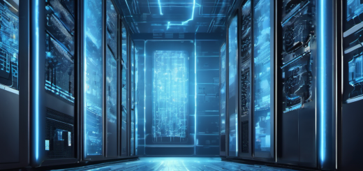 AI analyzing data streams in a server room with glowing circuits