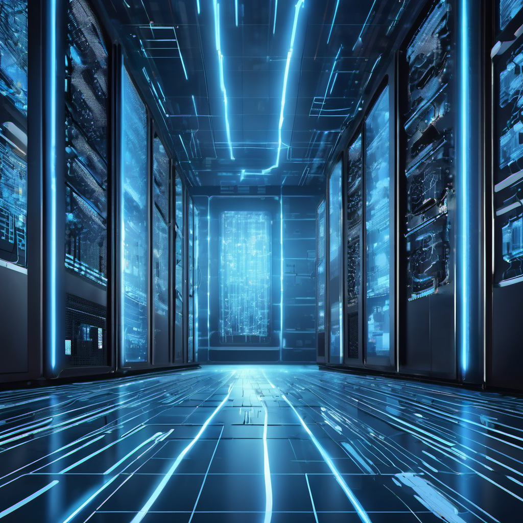AI analyzing data streams in a server room with glowing circuits