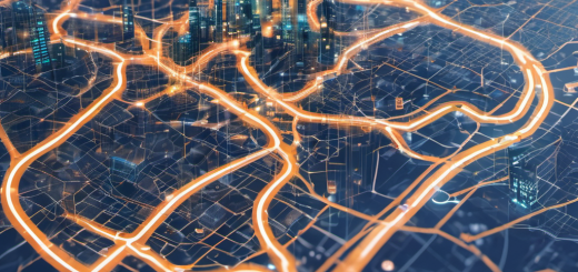 AI logistics dashboard displaying optimized delivery routes on a city map with neural network visualizations