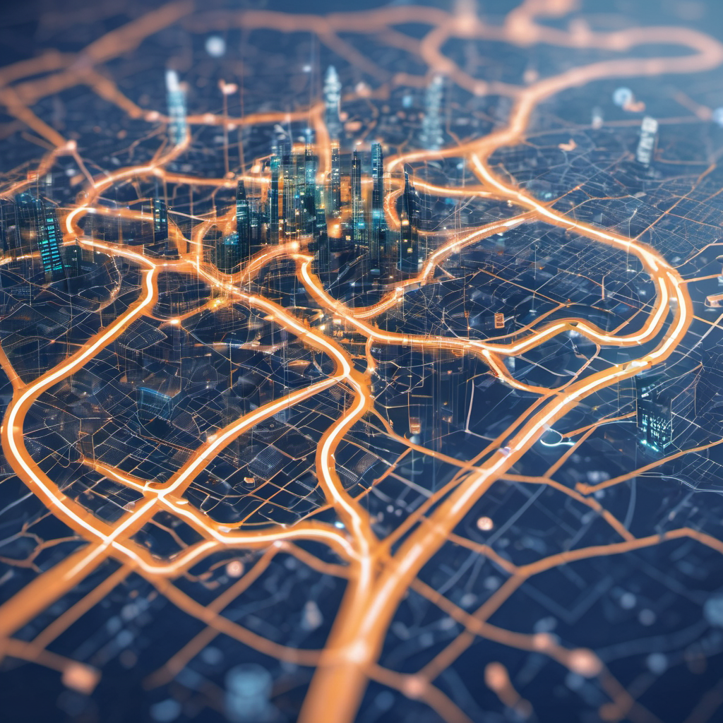 AI logistics dashboard displaying optimized delivery routes on a city map with neural network visualizations