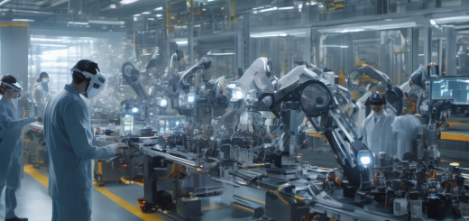 Workers in a factory using AR glasses to perform real-time quality control checks with AI Local processing.