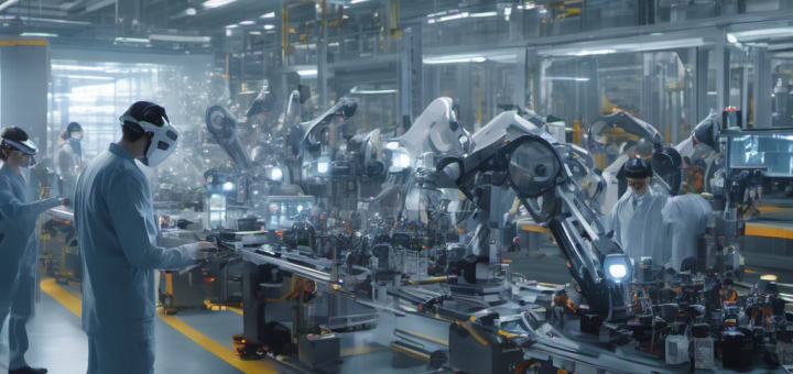 Workers in a factory using AR glasses to perform real-time quality control checks with AI Local processing.