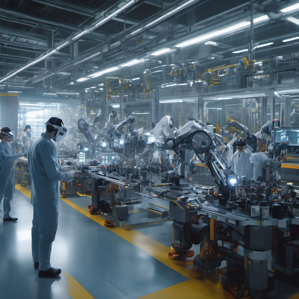Workers in a factory using AR glasses to perform real-time quality control checks with AI Local processing.