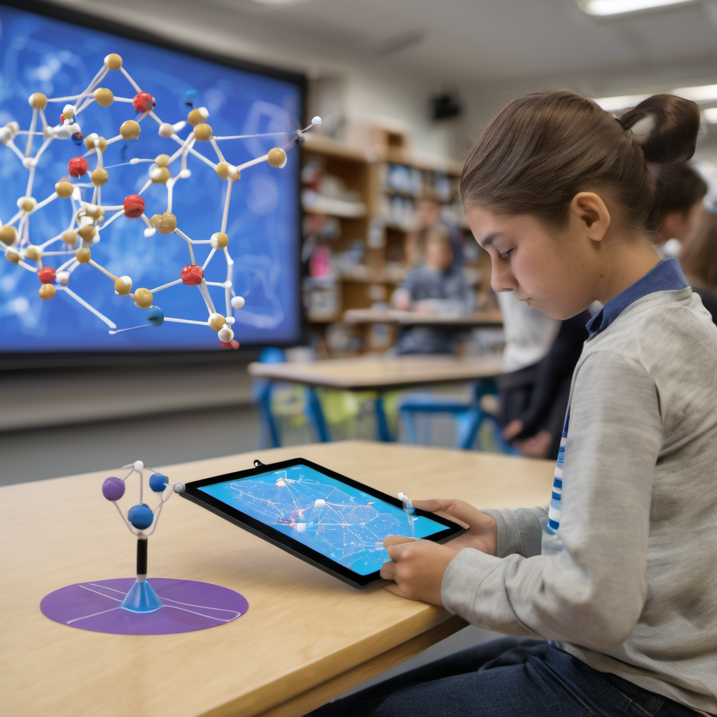 Student using AR tablet to explore a 3D molecular model in an offline educational environment.
