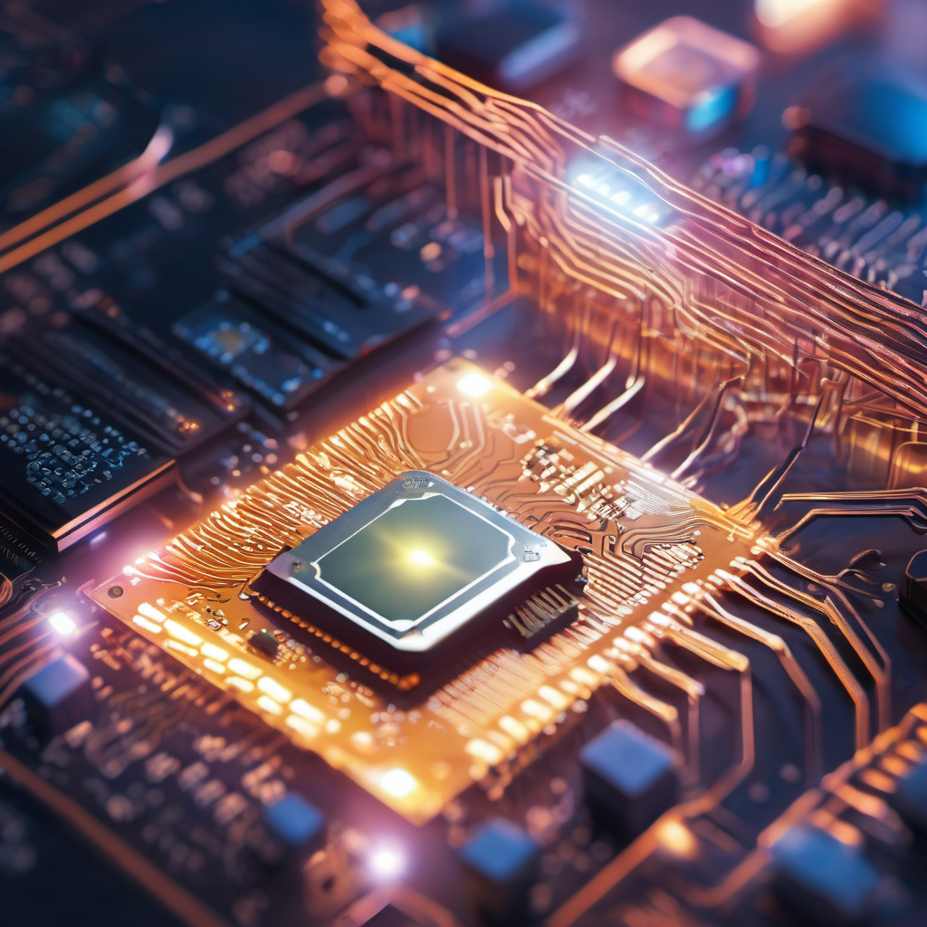 Compact AI chip inside an AR headset, symbolizing local processing for offline AR applications.