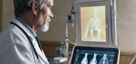 Doctor using a portable AI medical device in a rural clinic, scanning a patient with a holographic diagnostic interface.