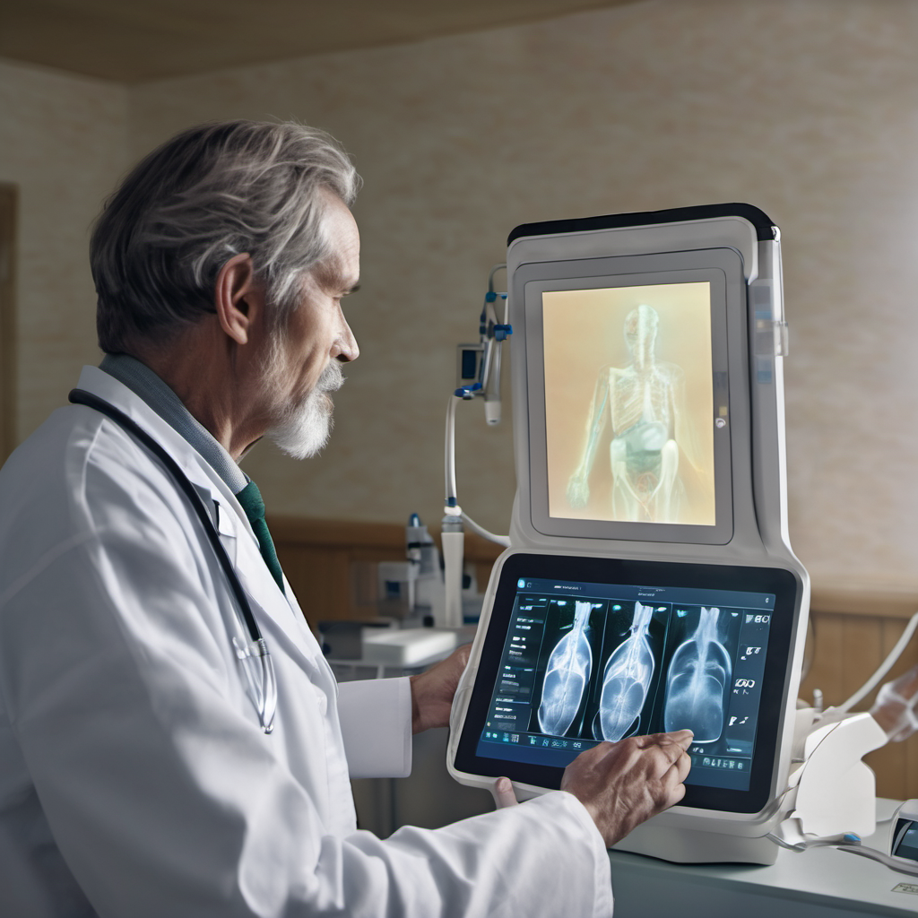 Doctor using a portable AI medical device in a rural clinic, scanning a patient with a holographic diagnostic interface.