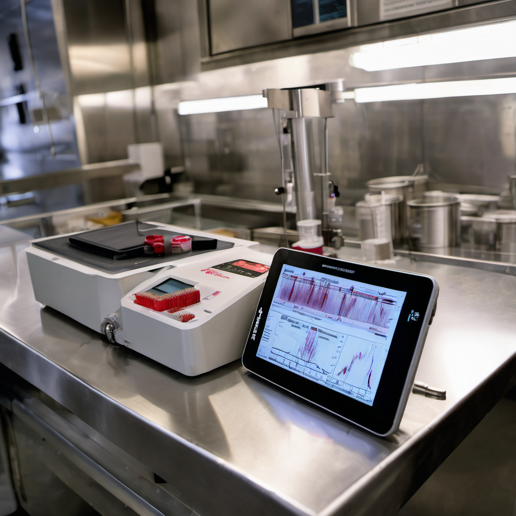 AI-powered tablet analyzing a blood sample with 90% accuracy in a laboratory setting.