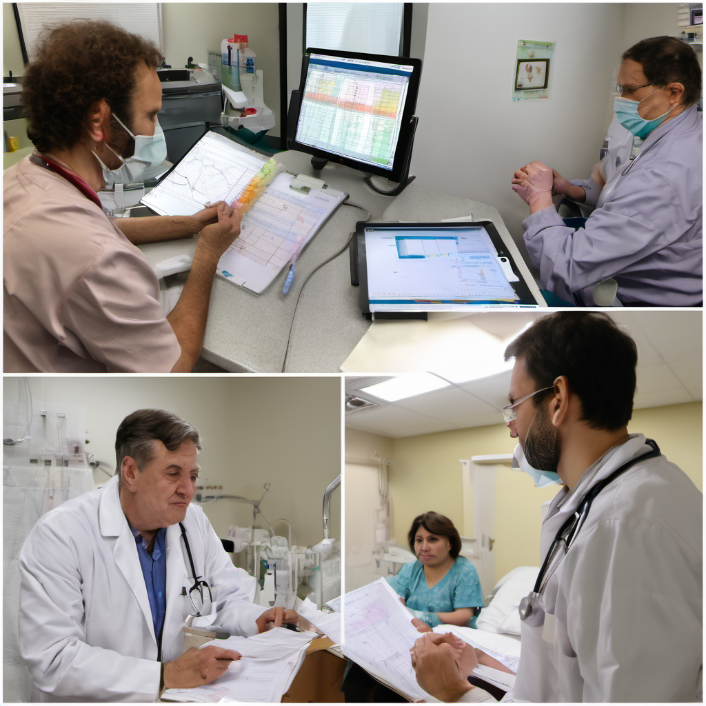 Split-screen comparison of traditional medical diagnosis vs. AI-assisted diagnosis using a tablet.
