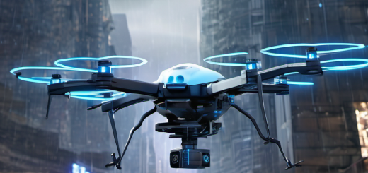 Drone navigating urban obstacles with AI Local technology in a rainy cityscape.