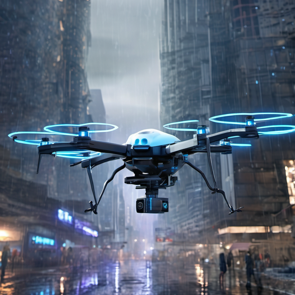Drone navigating urban obstacles with AI Local technology in a rainy cityscape.