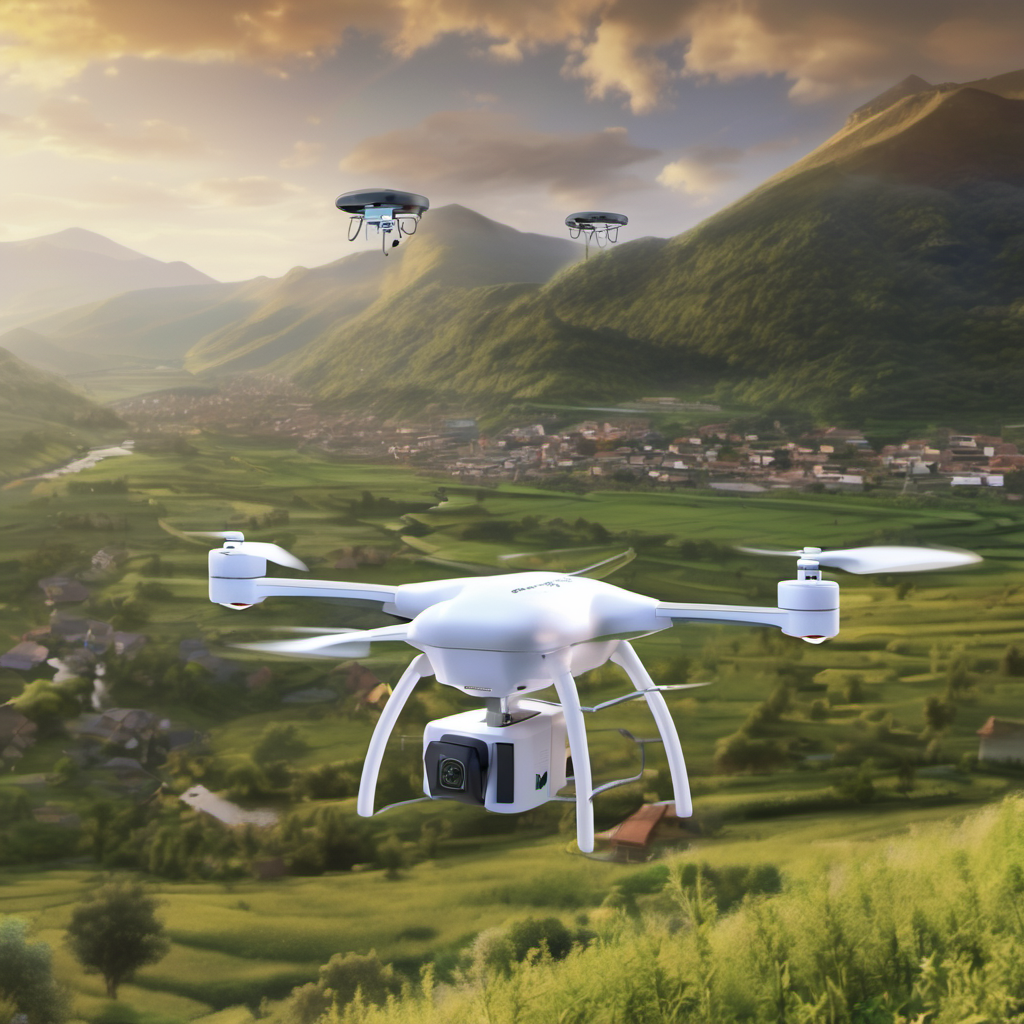 Drone delivering medical supplies in a remote rural area with sensor arrays and energy optimization indicators.