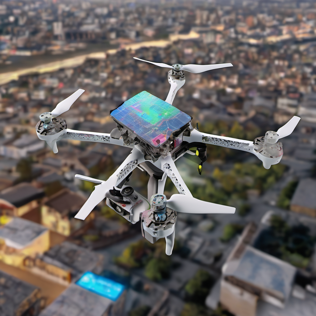 Drone's AI processing unit displaying local data mapping during a disaster response mission.