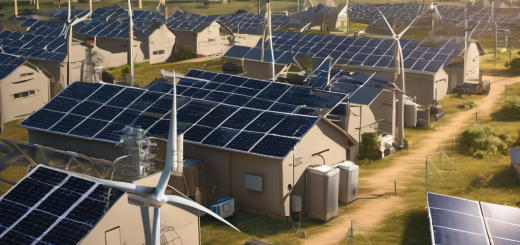 Remote village with solar panels, wind turbines, and AI energy management system interface