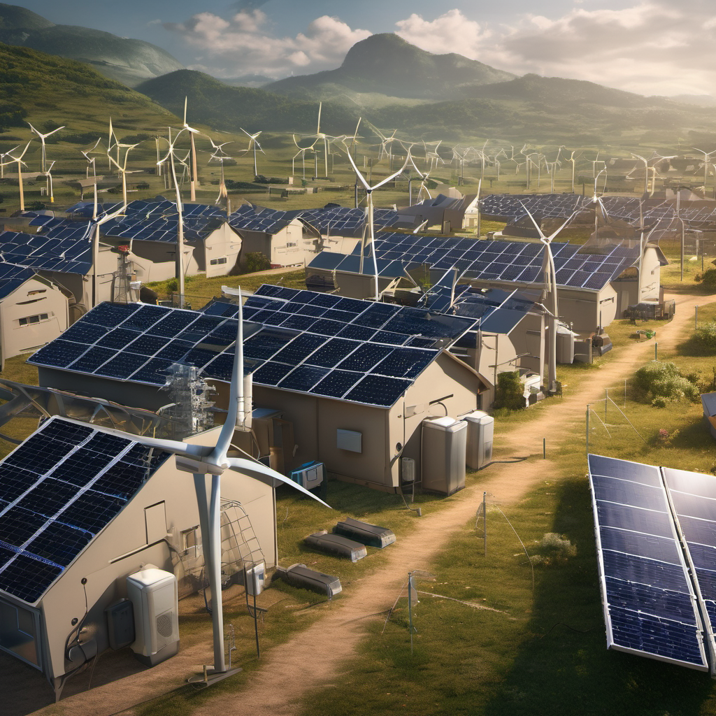 Remote village with solar panels, wind turbines, and AI energy management system interface