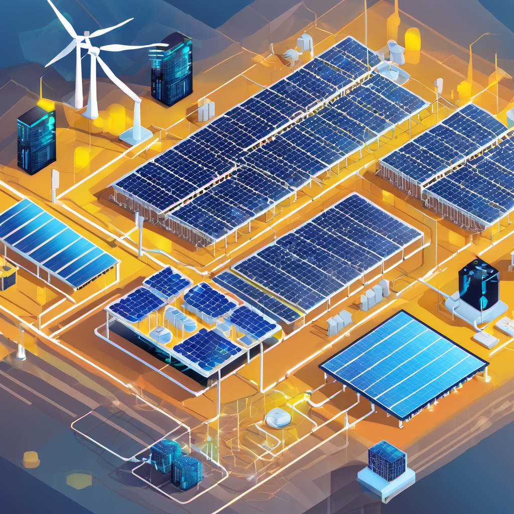 Decentralized energy grid with AI sensors and data flow visualizations