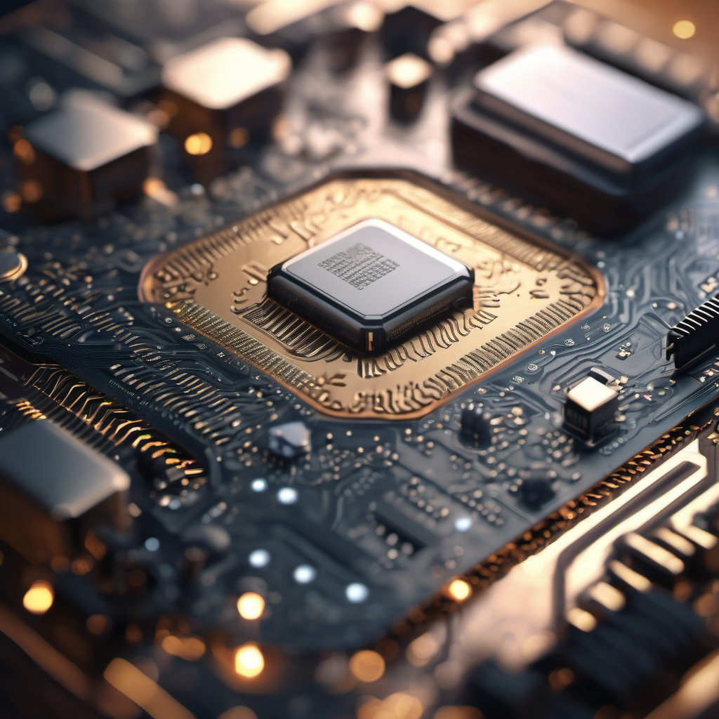 AI microchip with visual representations of model compression and federated learning techniques.