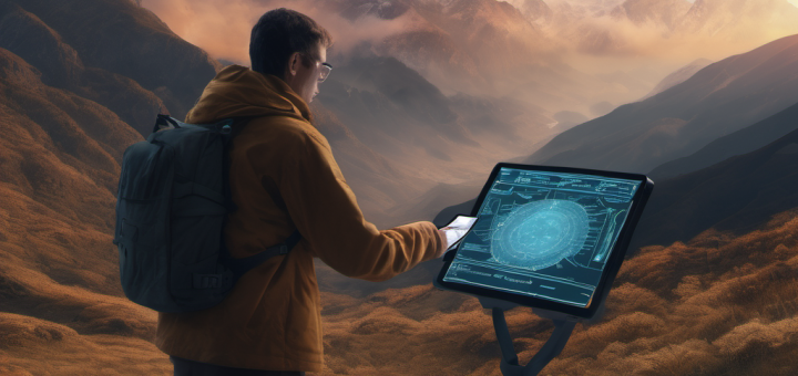 Person using an AI-powered translation device in a remote mountainous region, translating a physical sign without internet.