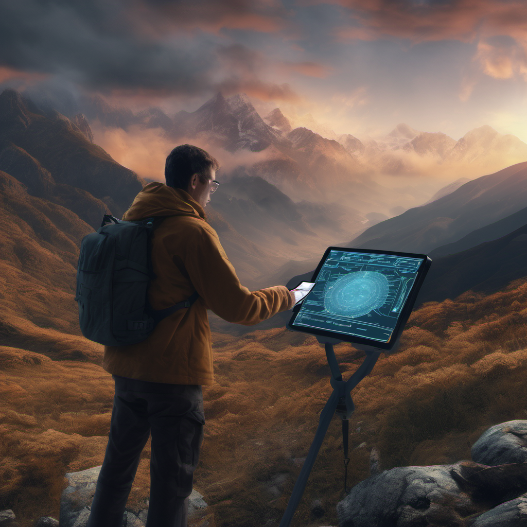 Person using an AI-powered translation device in a remote mountainous region, translating a physical sign without internet.