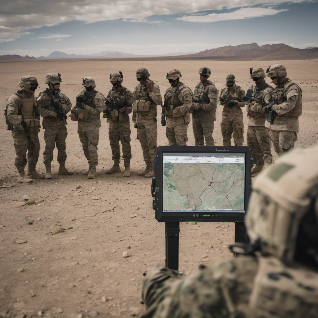 Military personnel using AI-powered translation tablets in a desert, displaying multilingual text on a physical map.