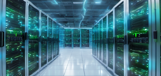 Modern data center with AI-driven cooling systems and IoT sensors, showcasing real-time temperature monitoring and energy optimization.