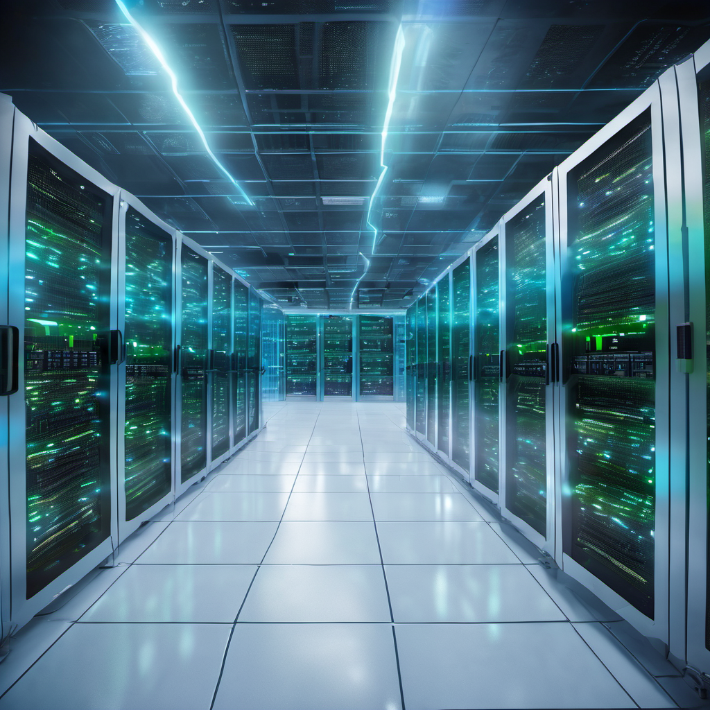 Modern data center with AI-driven cooling systems and IoT sensors, showcasing real-time temperature monitoring and energy optimization.
