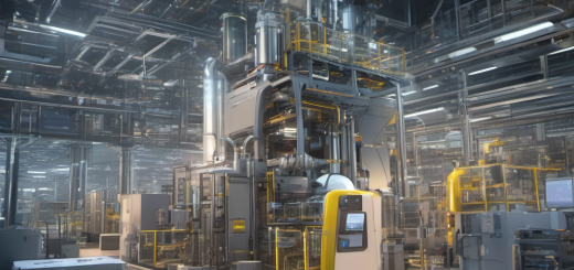 Industrial machine with sensors and edge devices processing data locally, with holographic AI analysis overlay.