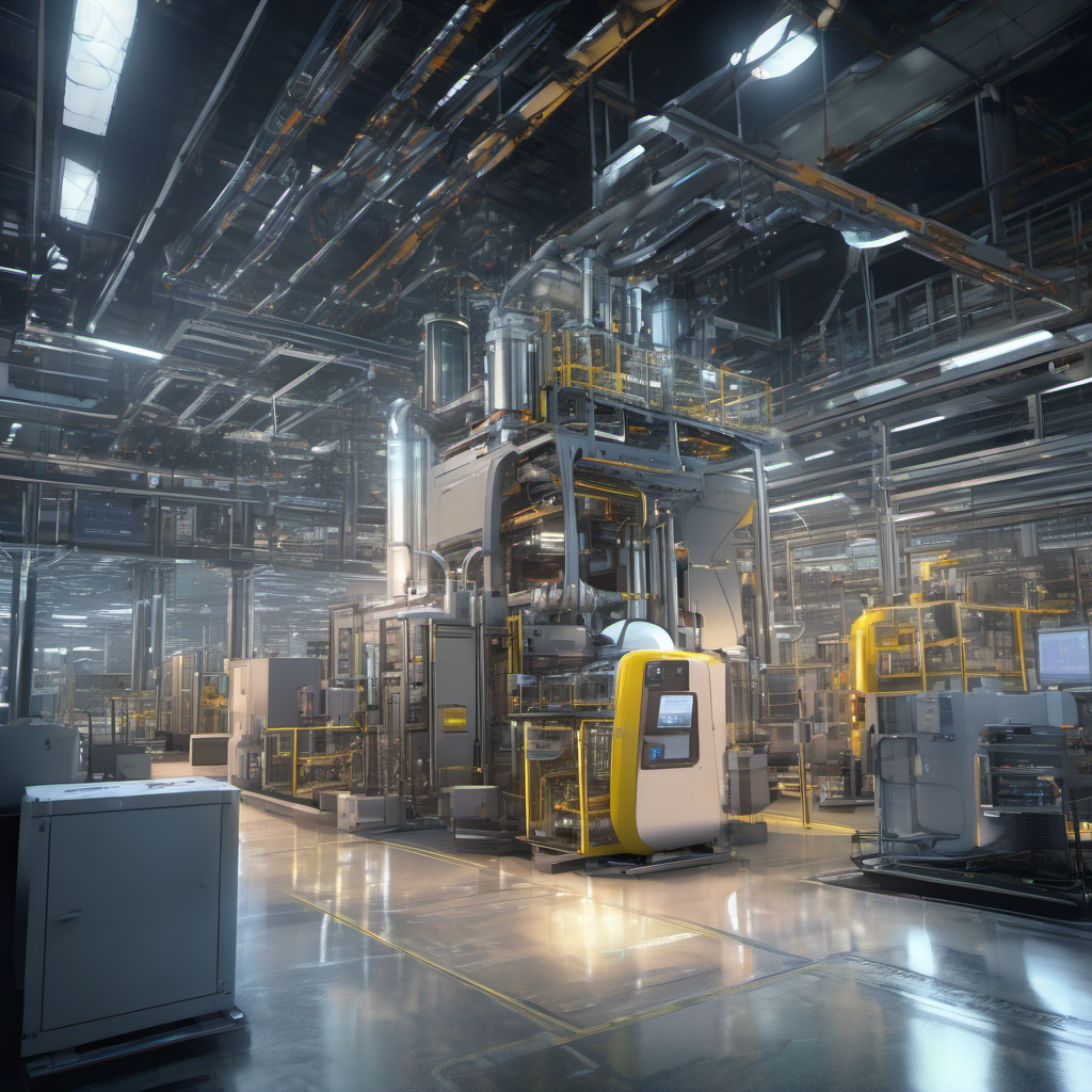 Industrial machine with sensors and edge devices processing data locally, with holographic AI analysis overlay.