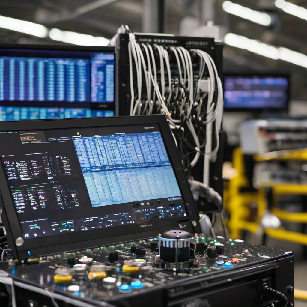 Edge computing device analyzing sound data from a motor, with a control room dashboard showing alerts in the background.
