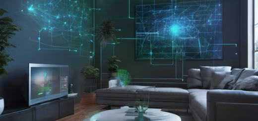 AI-driven network optimization in a smart home environment with visualized data flow between devices