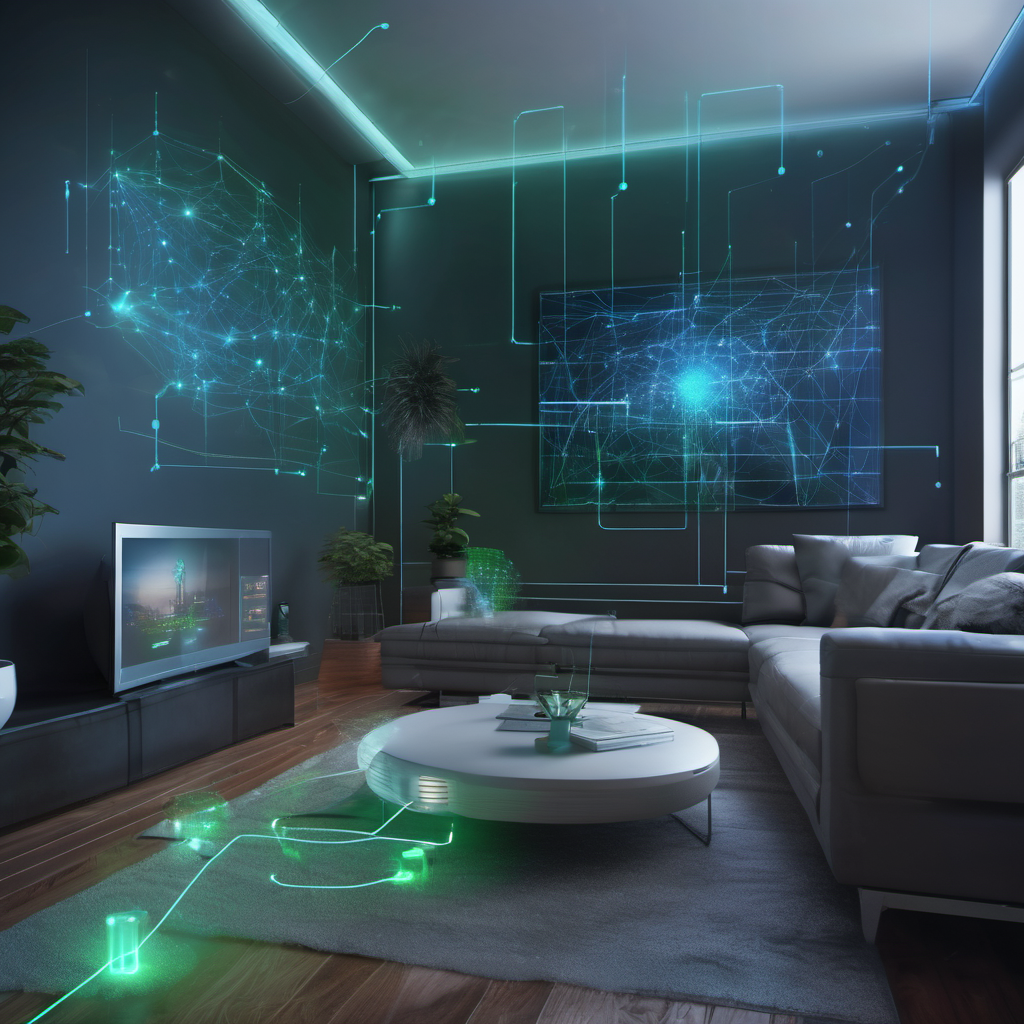 AI-driven network optimization in a smart home environment with visualized data flow between devices