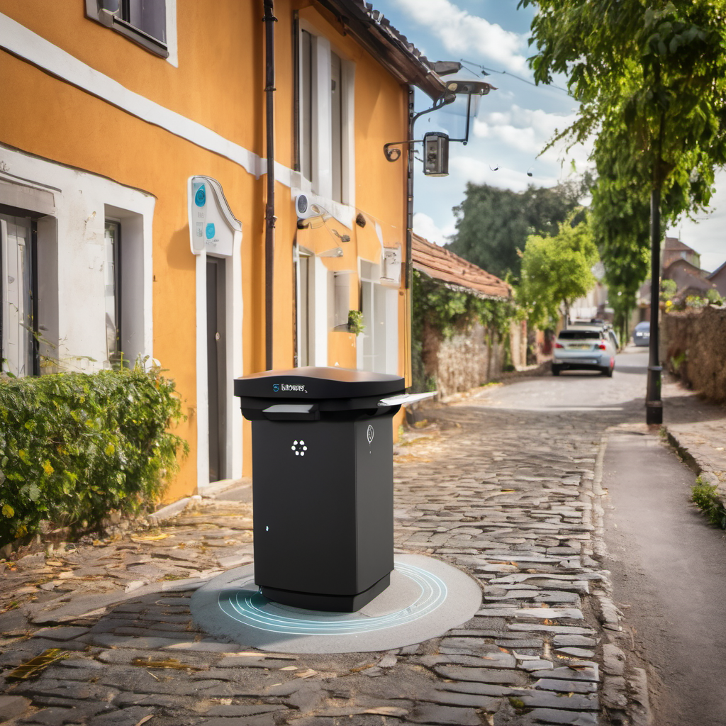 Smart waste bin with sensors in a rural village, demonstrating AI Local's ability to optimize waste management without internet.
