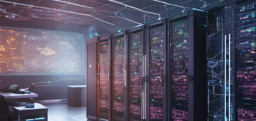 Secure offline server room with AI modules analyzing code and DevOps pipeline visualization.