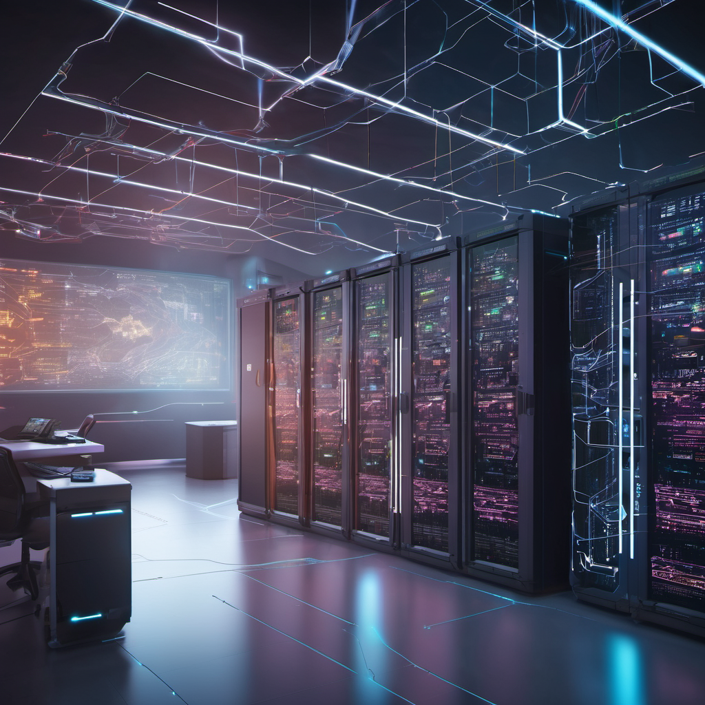 Secure offline server room with AI modules analyzing code and DevOps pipeline visualization.