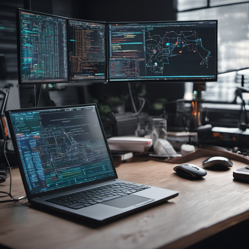 Developer's desk with AI-driven code analysis and holographic build optimization diagrams.