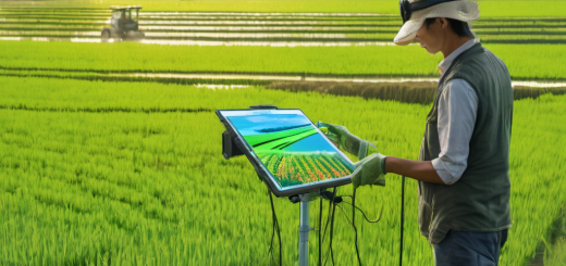 Farmer using a tablet to monitor an AI-powered agricultural system with sensors and automated irrigation in a rice field.