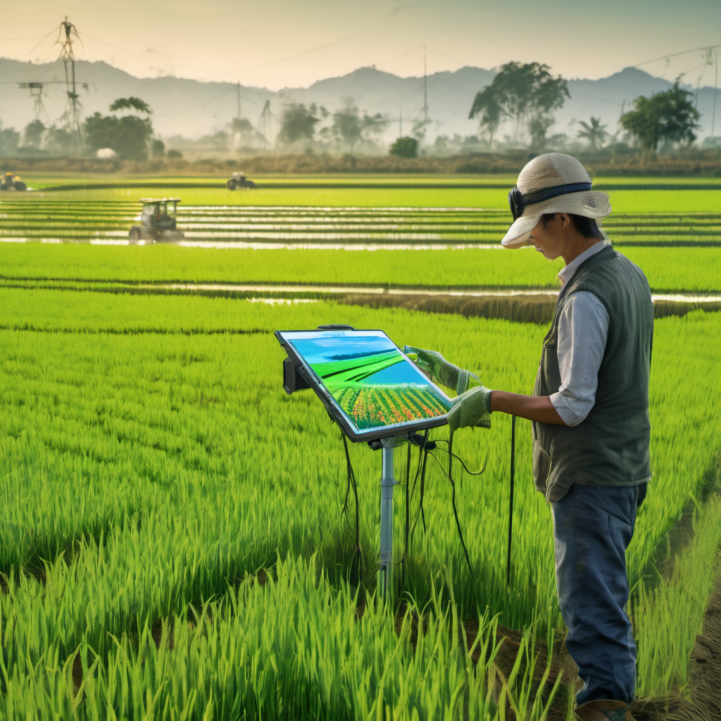 Farmer using a tablet to monitor an AI-powered agricultural system with sensors and automated irrigation in a rice field.