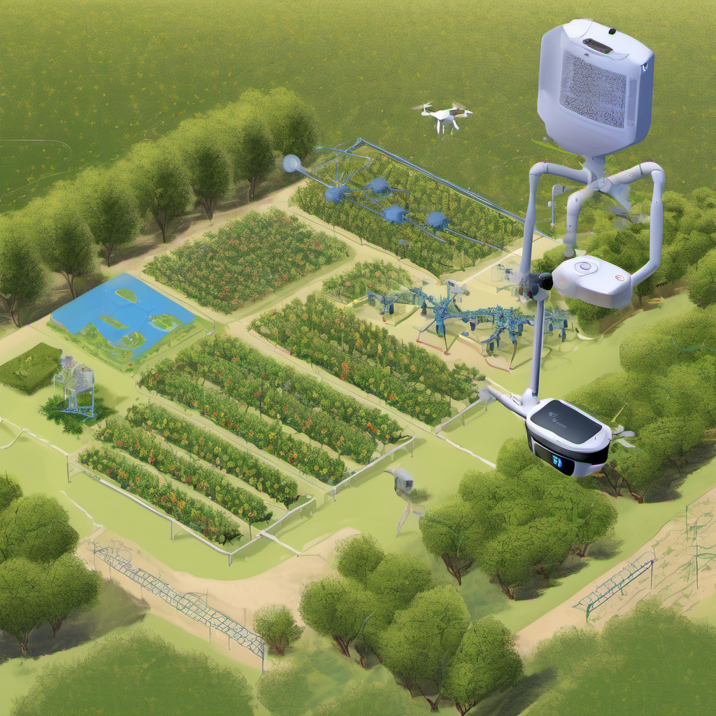 Smart sensors on fruit trees, automated irrigation, and a drone scanning an orchard with an AI Local system.