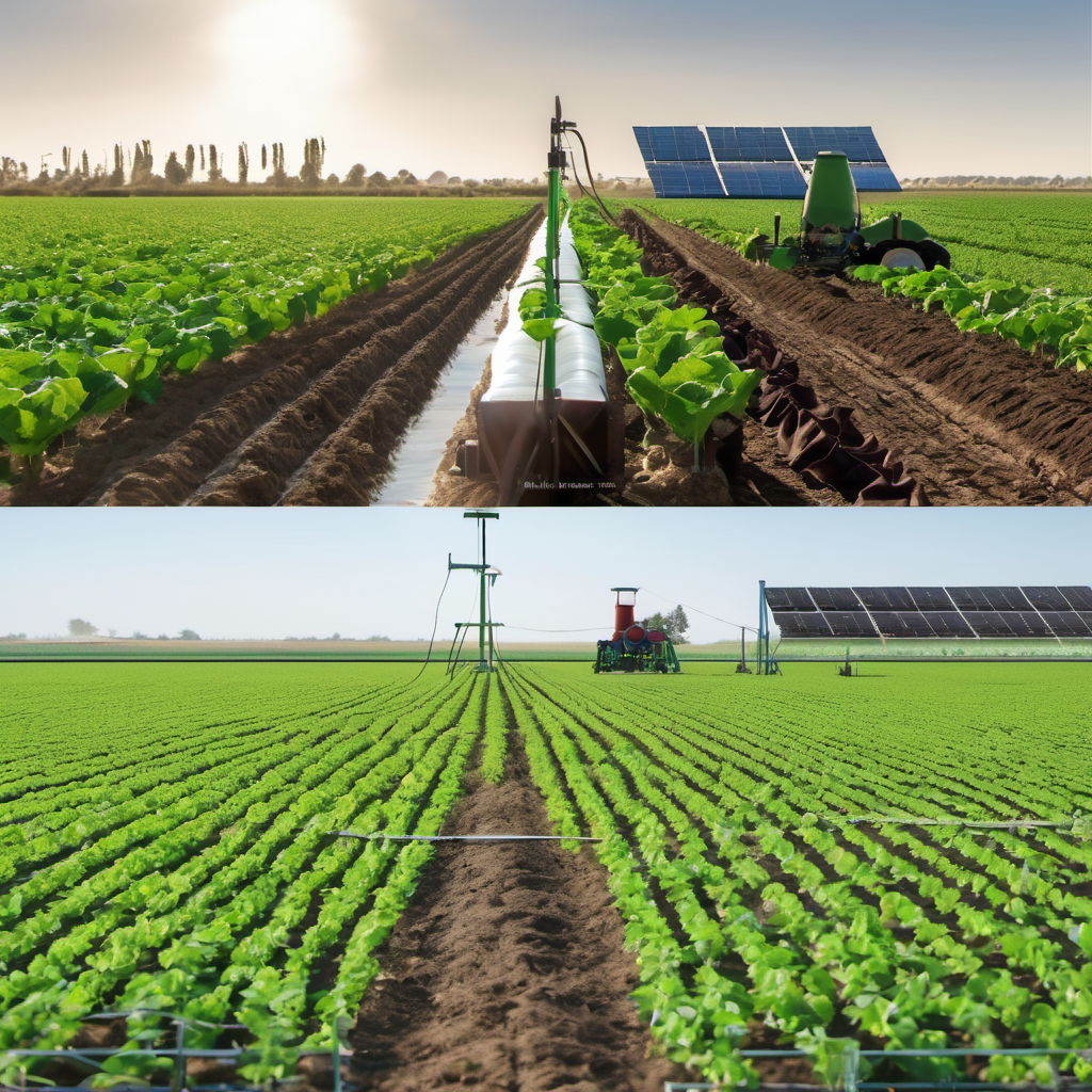 Side-by-side comparison of traditional and AI Local systems showing water savings and increased crop yield.