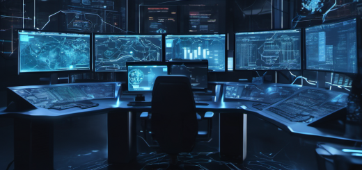 AI security system detecting cyber threats in a high-tech control room with glowing data flows and network nodes