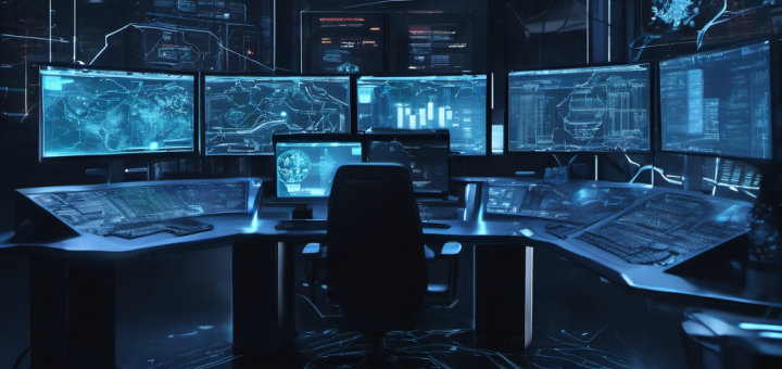 AI security system detecting cyber threats in a high-tech control room with glowing data flows and network nodes