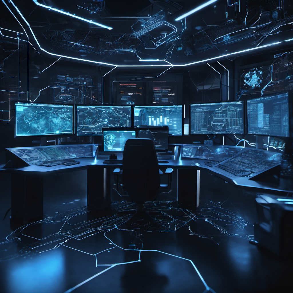 AI security system detecting cyber threats in a high-tech control room with glowing data flows and network nodes