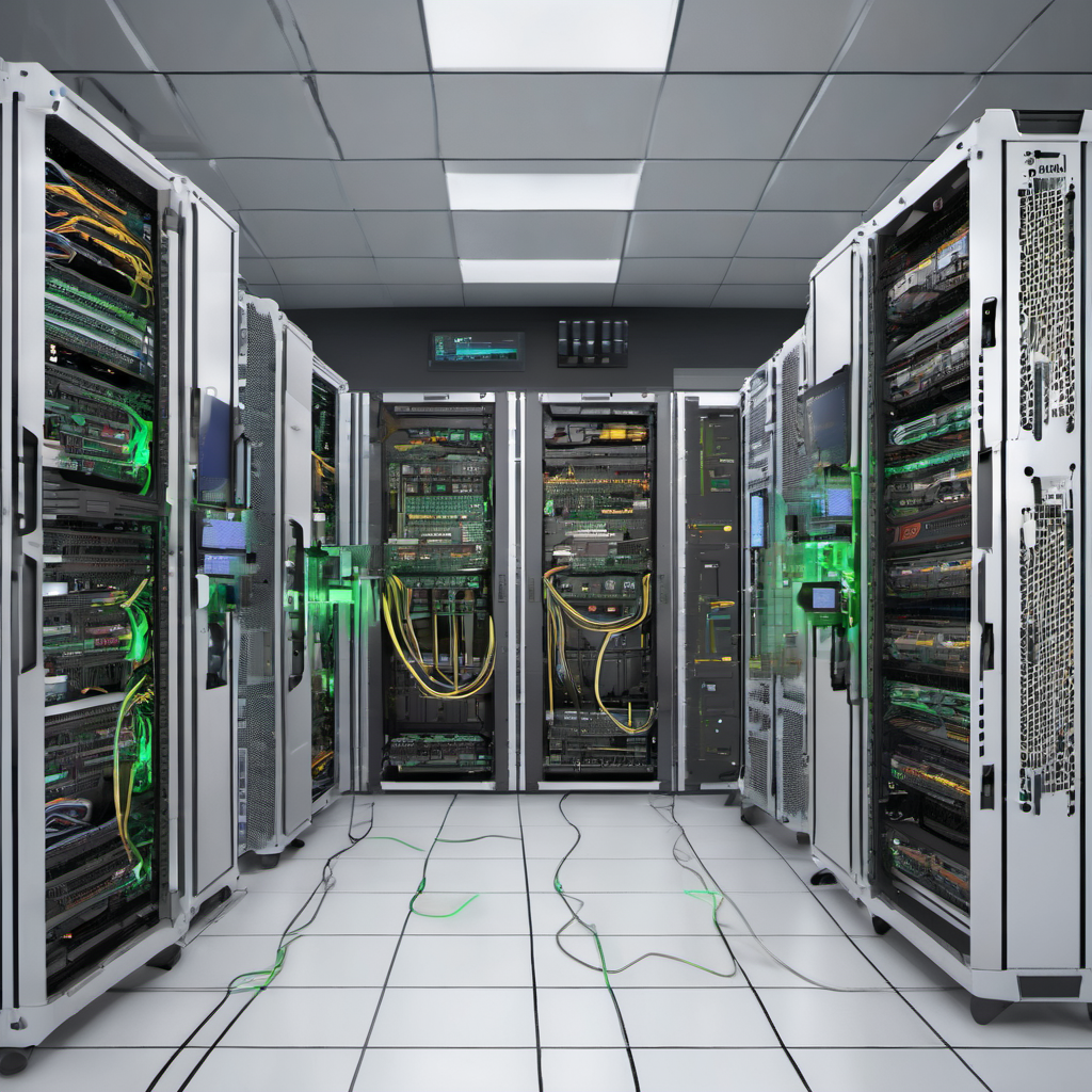 AI Local deployment components: Server rack with AI module, sensors, and control interface