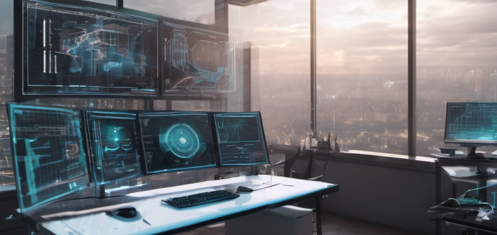Secure AI dashboard in a modern office, displaying real-time compliance monitoring and encrypted data flows without internet connectivity.