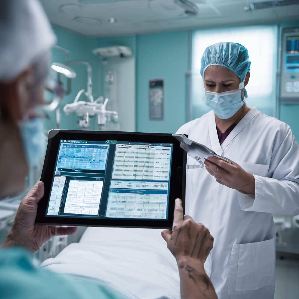 Healthcare worker using a tablet with encrypted patient data interface in a hospital setting, emphasizing offline data security.